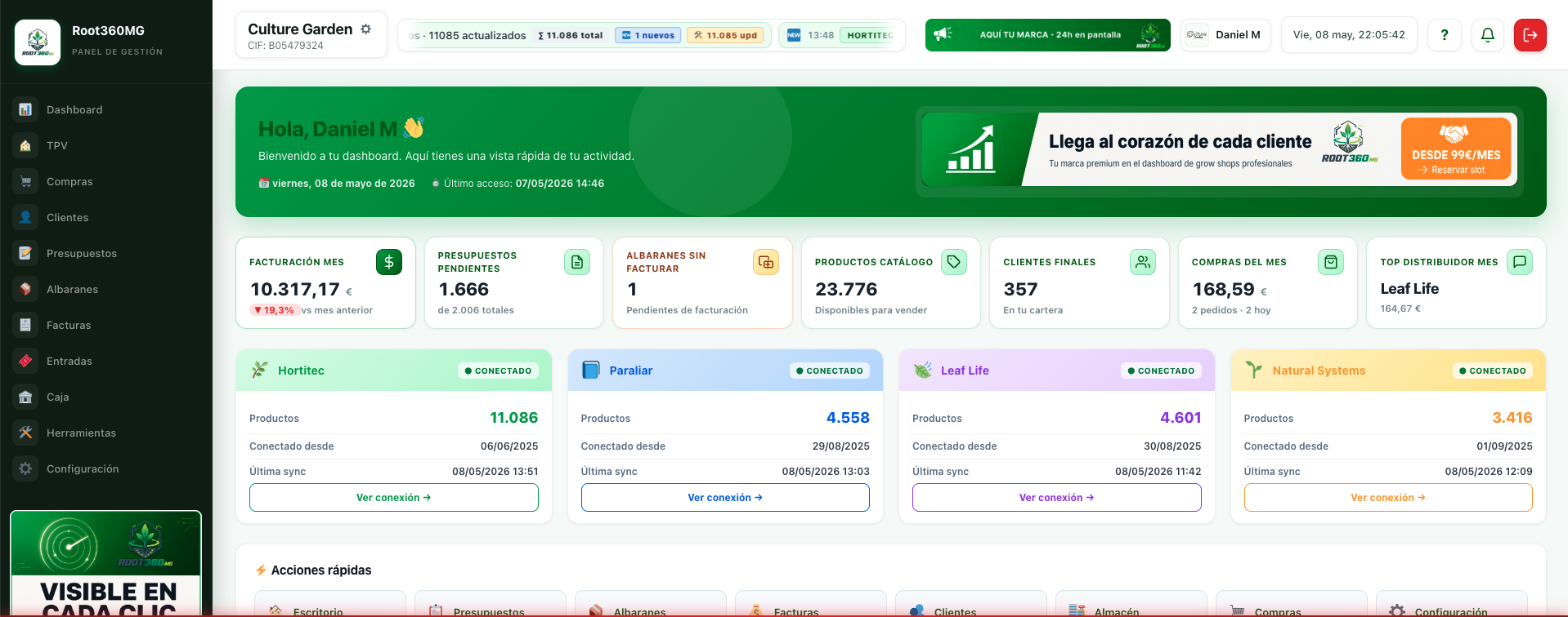 Dashboard Root360MG con KPIs en vivo, conexiones de distribuidores y top documentos