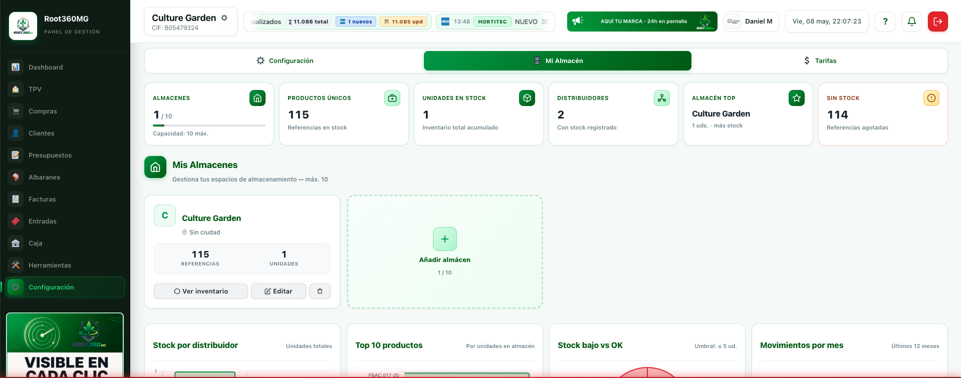 Mi Almacén multi-sede con KPIs, stock por distribuidor y movimientos