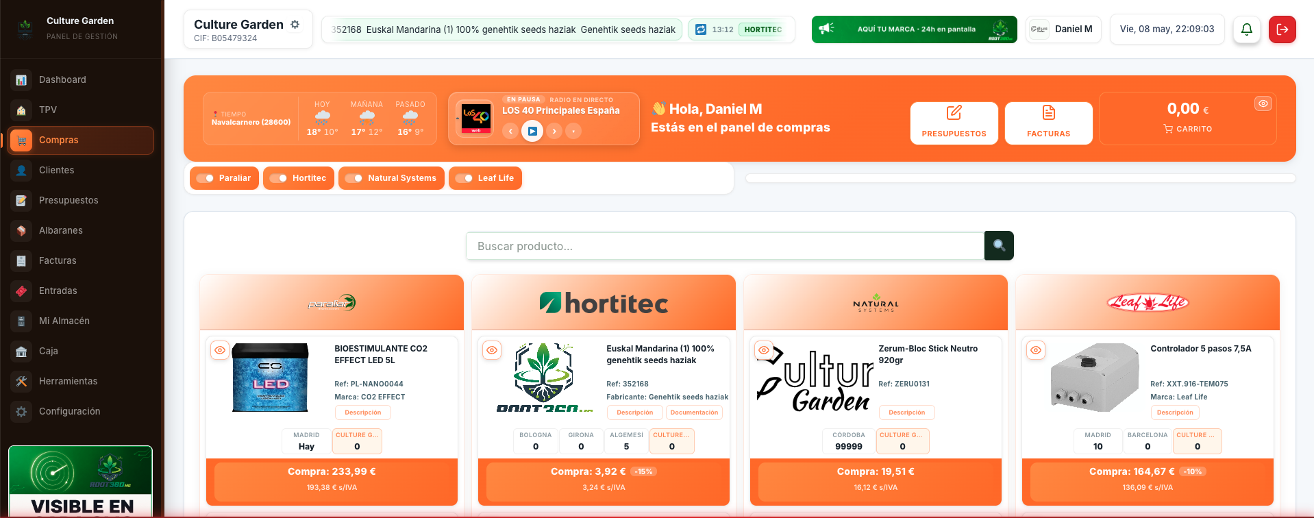 Pantalla de gestión de Compras a distribuidores con histórico y tracking
