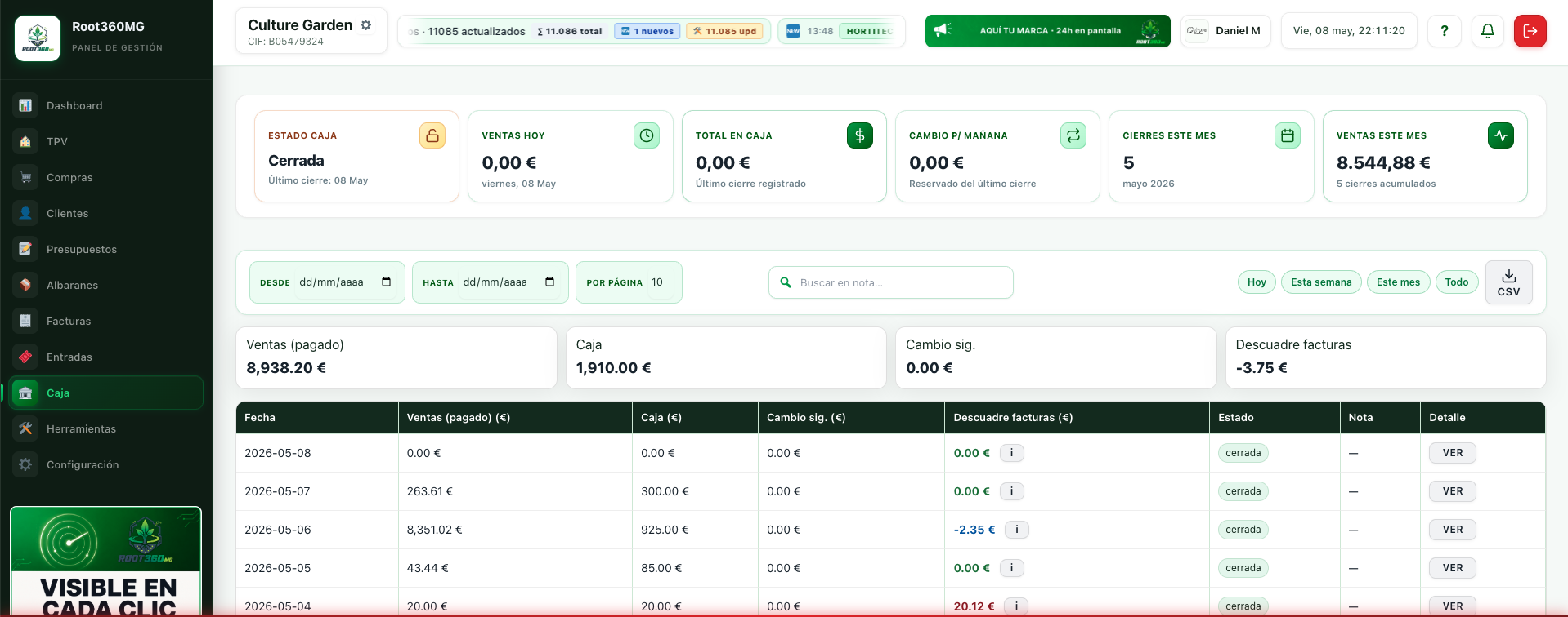 Cierre de caja diario con descuadres detectados y export CSV a gestoría